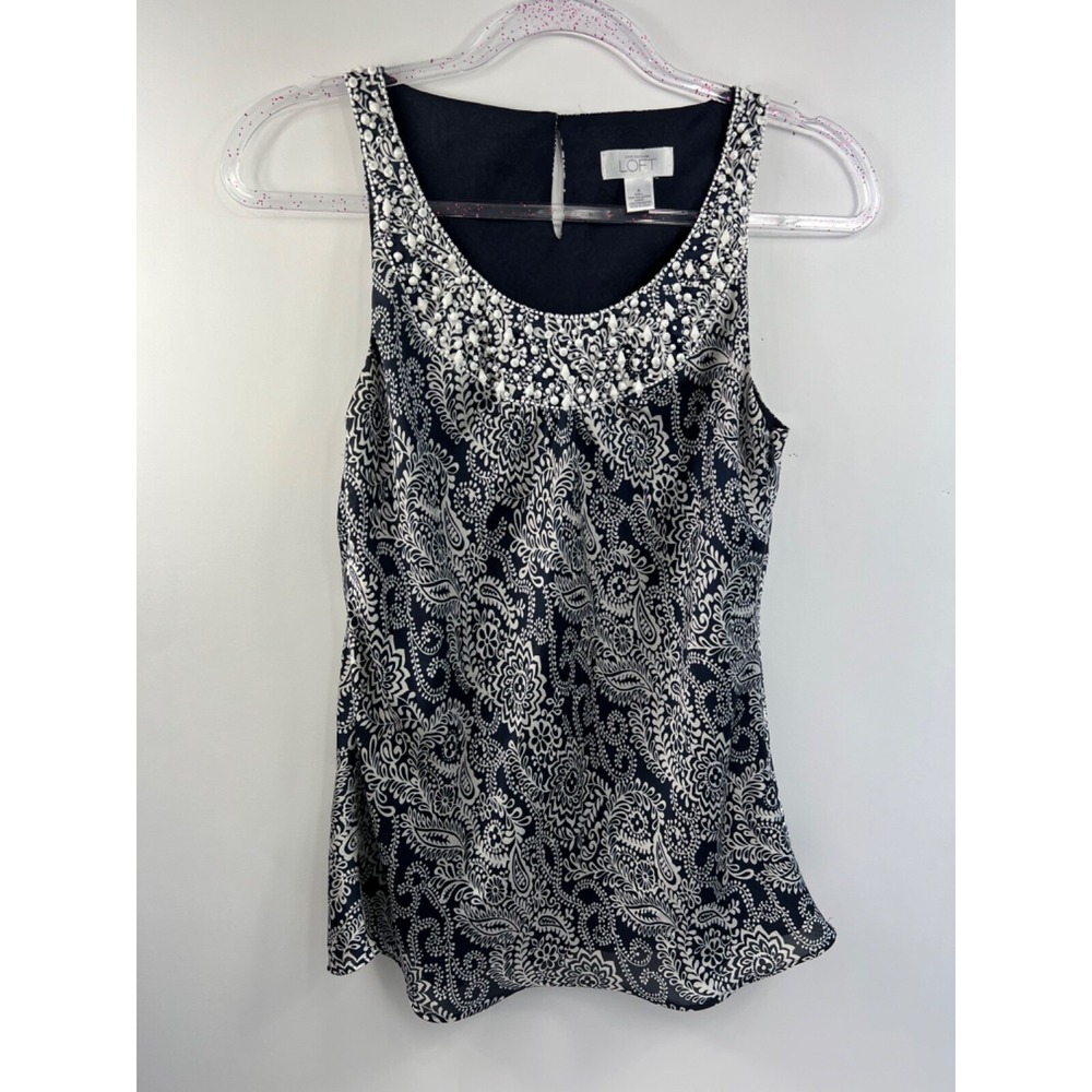 LOFT Black & White Beaded Scoop Neck Tank Top